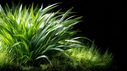 A striking close-up of vibrant green grass illuminated against a dark backdrop, showcasing the intricate details of nature and celebrating the beauty of plant life.
