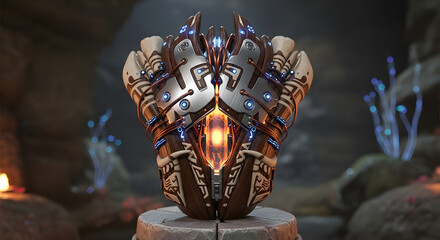 Futuristic artifact with glowing gem and intricate design rests on stone.