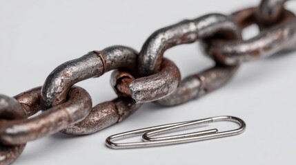 Obraz premium close up of a broken chain and a paper clip on white background no logos no brands ar 169