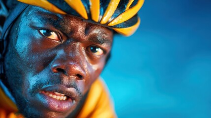 This image captures the determined expression of a cyclist intensely focused on their race, showcasing physical effort and the spirit of competition in sports.