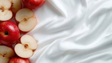 This image features fresh red apples artfully arranged on soft silk, enhancing their vibrant color and suggesting luxury, enjoyment, and the pleasures of healthy living.