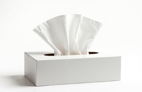 White tissue box product shot against plain background. Soft paper tissues fanned out from opening. Clean, simple, everyday household essential.