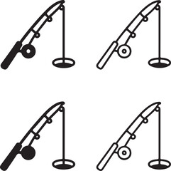 Isolated ice fishing rod icons, black winter fishing symbol, outdoor sport gear vector, minimal thin stroke design, cold weather recreation icon set, ice angling equipment illustration