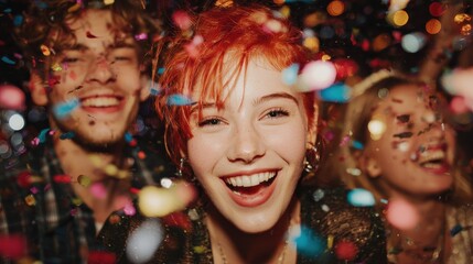 happy friends making party throwing confetti  young people celebrating on weekend night  entertainment fun new years eve nightlife and fest concept  focus on red hair girl hands no logos no brands ar