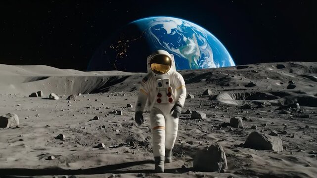 Astronaut in a white suit walks on the desolate lunar surface with Earth and stars in the dark sky