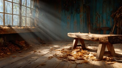 Soft sunlight pours through dusty windows illuminating a rustic wooden room, creating a serene and nostalgic atmosphere that invites reflection and a connection to nature's beauty.