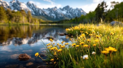 A stunning landscape featuring a mountain lake surrounded by vibrant wildflowers, reflecting the beauty of nature and offering a tranquil escape for all.