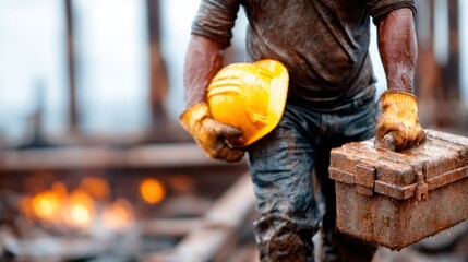 A hardworking construction worker in dirty clothing carries a toolkit and hard hat, epitomizing dedication and labor in a challenging work environment.