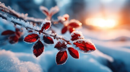 Frost-coated red leaves glistening in the winter sun, creating a magical moment that captures the essence of nature&rsquo;s beauty and the chill of the season.