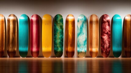 An artistic arrangement of various colorful skateboards showcased on a wall, highlighting vibrant designs and the culture of skateboarding.