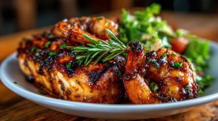 An enticing plate of grilled shrimp alongside seasoned fish and fresh greens, showcasing a mouth-watering and nutritious meal perfect for seafood lovers.