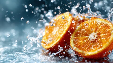 Stylish and vibrant image of fresh peeled oranges splashing into water, showcasing dynamic motion and freshness, ideal for health, rejuvenation, and food-related stock imagery.