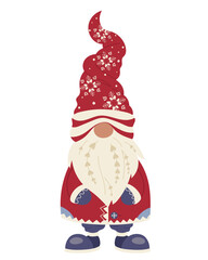Nordic Christmas gnome in red folk outfit. Bearded winter dwarf with tall hat and festive coat. Cozy Scandinavian character for holiday prints, cards, decorations, New Year design. Vector illustration