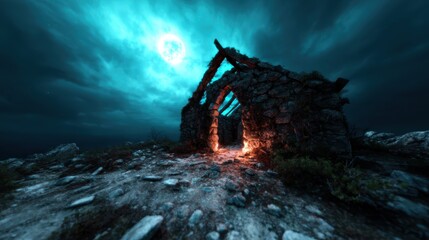 Fototapeta premium An eerie yet captivating scene of ancient stone ruins illuminated by moonlight, surrounded by a moody sky, inviting viewers to imagine the stories and history within its shadows.