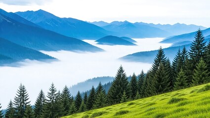 Scenic Alpine Mountain Range Overlooking a Valley Filled with Morning Fog.