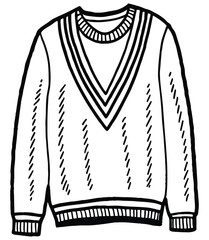 Detailed monochrome outline drawing of a classic V-neck sweater, showcasing intricate knit patterns and ribbed cuffs, perfect for winter fashion, apparel design, and clothing illustrations