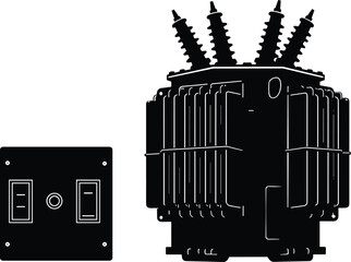 Electrical transformer, switchboard silhouette, power distribution, high voltage equipment, industrial energy, utility grid, substation control, electricity transmission, voltage regulation, engine