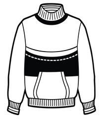 Graphic illustration of a black and white color-block crew neck sweater with a front pouch pocket and striped accents