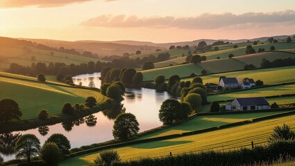 Scenic Countryside View at Sunset with Rolling Hills and Lake.