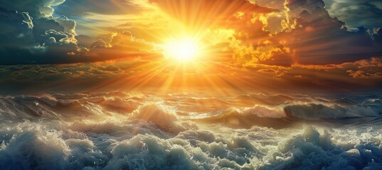 Dramatic Sunlight Breaking Through Clouds Over Stormy Sea