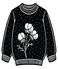 Chic Black Crew Neck Sweater Adorned with a Delicate White Floral Design, Perfect for Casual Wear