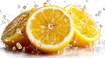 Juicy lemon slices bursting with zest, illuminated in a splash of water, evoking a sense of freshness, vitality, and the invigorating essence of citrus fruit.