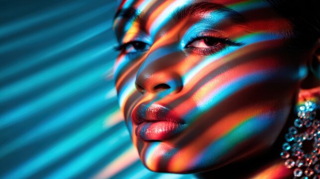 An artistic close-up portrait captures a woman's face illuminated with vivid colorful light patterns, creating a striking visual effect that enhances beauty and emotion.