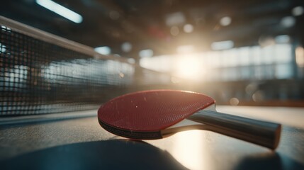 Dynamic Close-Up of Ping Pong Serve with Red Racket in Golden Hour Light