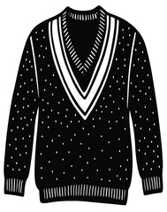 Classic black v-neck sweater with white trim and a scattering of white dots