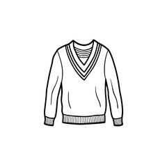 Hand-drawn outline illustration of a classic V-neck sweater with ribbed details, representing comfortable and versatile casual fashion apparel for everyday style