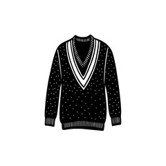 Black and white illustration of a patterned V-neck sweater, ideal for fashion and textile design projects