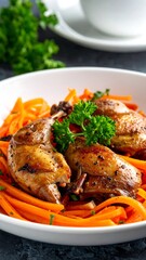 Roasted quail legs with carrot ribbons