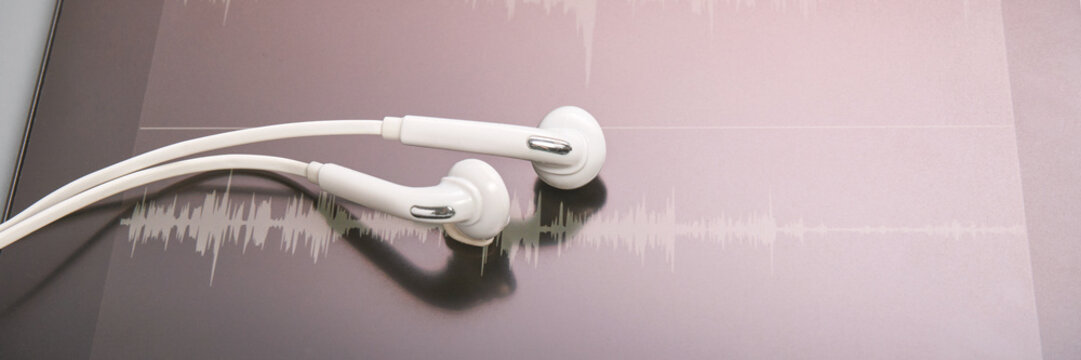 White earbuds on digital audio waveform background reflecting modern technology and sound. - Powered by Adobe
