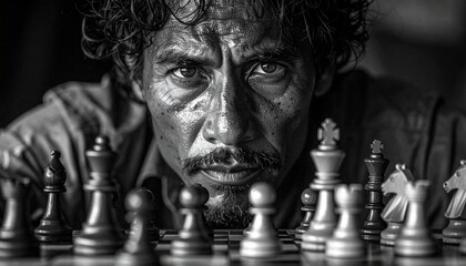 Focused latino man in black and white portrait staring at chessboard — intense strategic thinking, mental concentration, leadership, intelligence, competition, planning and serious decision-making. 1