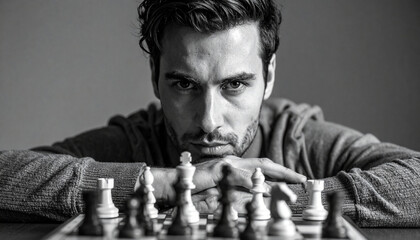 Focused white man in black and white portrait staring at chessboard — intense strategic thinking, mental concentration, leadership, intelligence, competition, planning and serious decision-making. 1