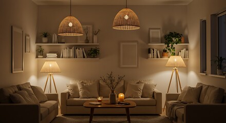 Cozy Living Room Interior with Warm Lighting and Neutral Tones
