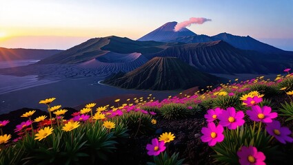 Scenic mountain landscape with vibrant wildflowers under a sunset sky.