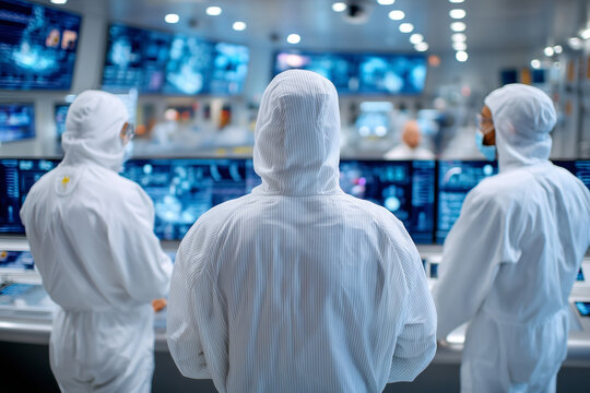 futuristic nuclear power control station with holographic interfaces, engineers working in white protective suits, 