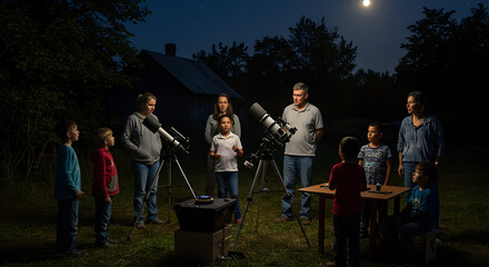Family stargazing under the moonlight with telescopes, embracing science and discovery together in the serene night, fostering curiosity and wonder for the universe, creating lasting memories