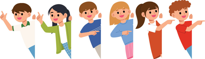set of peeking young people illustration smile boy and girl peeking at corner and pointing gesture, cute children pointing finger on side and upward, cheerful kid character presenting flat design