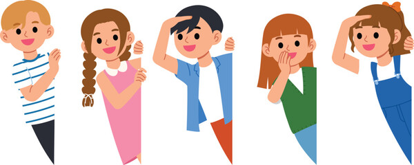 set of peeking young people illustration smile boy and girl peeking at corner and looking into distance, cute children hand over eye, cheerful kid character surprise flat design