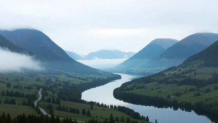 Scenic River Valley Landscape with Mountains and Foggy Atmosphere.