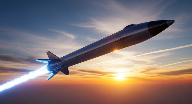 Sleek missile streaks through the sunset sky with brilliant exhaust. - Powered by Adobe