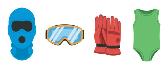 Naklejka premium Set of winter sports gear including blue ski mask, yellow ski goggles, red insulated gloves, and green sleeveless bodysuit.