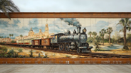 Vintage steam train tile mural detailed artwork warm colors travel theme