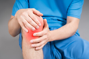 Knee pain, joint inflammation, arthritis and degenerative changes, man suffering from leg ache and...
