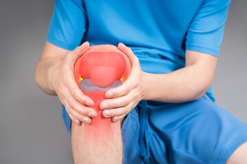Knee pain, joint inflammation, arthritis and degenerative changes, man suffering from leg ache and...