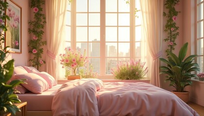 Bedroom photo with soft pink bedding and decor. Big window offers sunlight view of the city. Flowering plants decorate interior. Creates cozy, tranquil feeling of morning.
