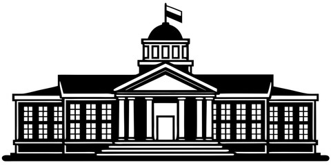 School Building with Clock Tower Silhouette Vector Icon