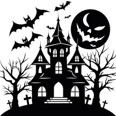 Haunted House with Pumpkins and Bats Halloween Vector